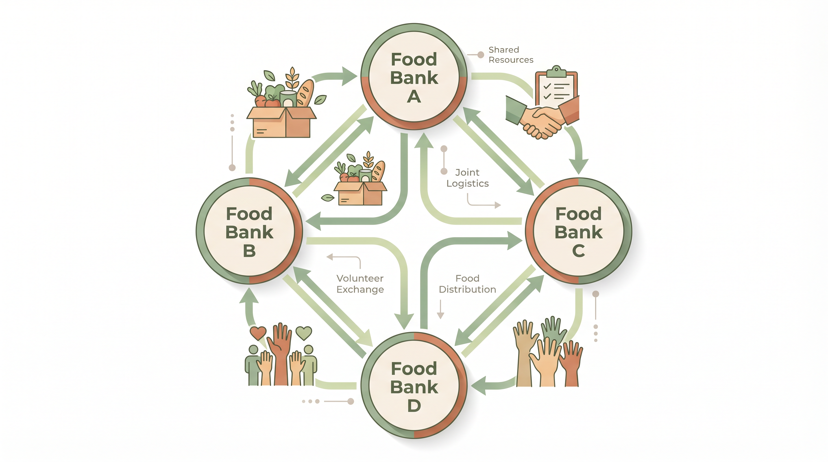 Illustration showing four food banks connected in a network, sharing food items, services, and volunteer capacity through the foodbank.city platform